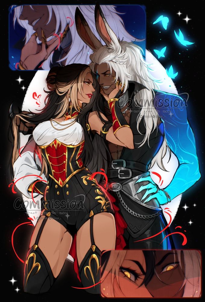 Two bisexual disasters staring each other down. One a dark haired middie in red, black and white garb and the other a viera with ivory hair and a glowing blue left arm.