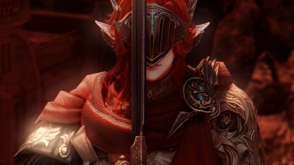 A red haired elezen in ancient armor holding up a sword to ready for battle.