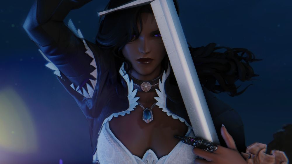 A corvosi woman holds a blade up in the dark.