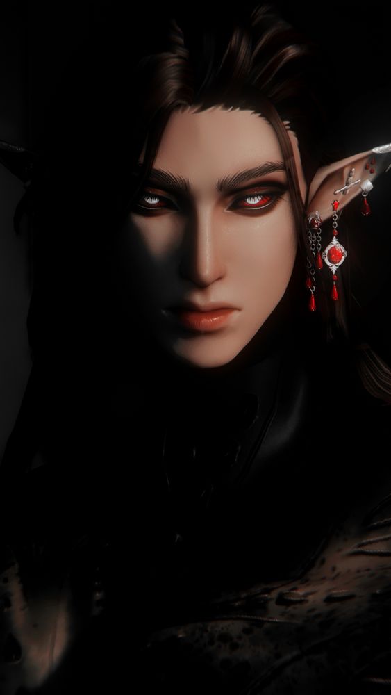 A wine haired elf with red sclera and white irises. 