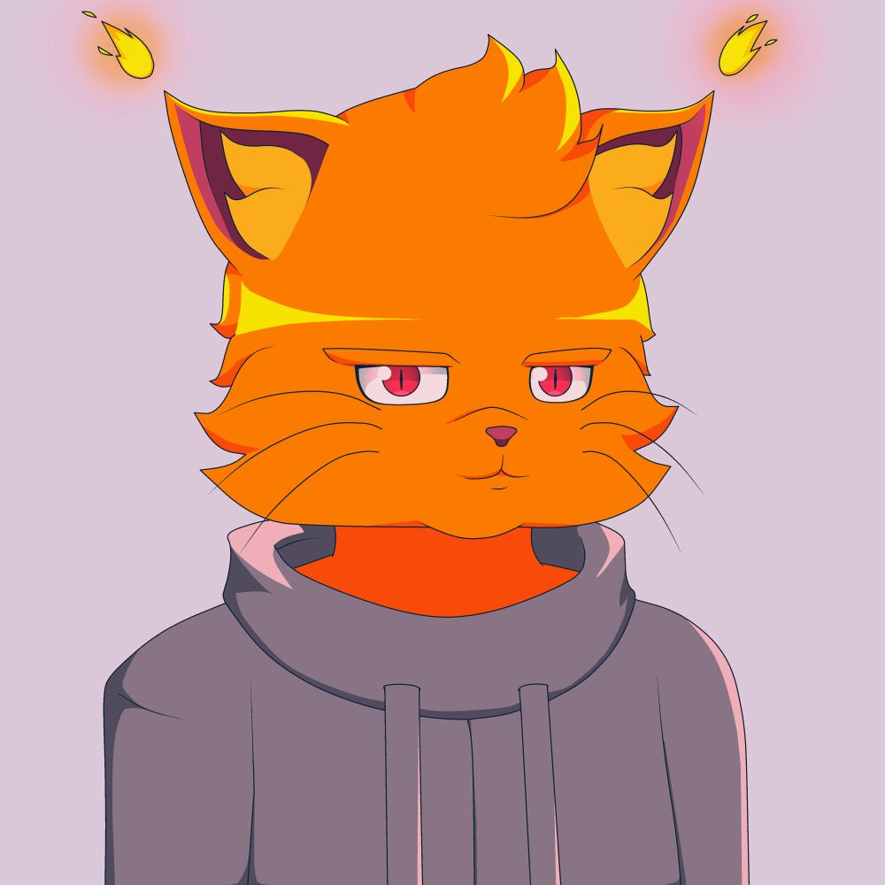 Close up drawing of a humanoid orange cat with red eyes

They have flames coming out of the point of their ears
Gray hoodie
Neutral Expression