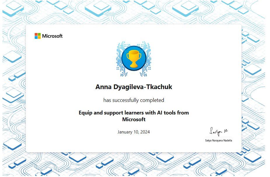 Today I earned my "Equip and support learners with #AItools from Microsoft Education badge! I’m so proud to be celebrating this achievement thanks to Microsoft Learn!



💎🔗👉https://learn.microsoft.com/api/achievements/share/en-us/AnnaDyagileva1/QD87GVXE?sharingId=3604BC4543915A2F



Add me on IG: https://www.instagram.com/annadyagileva1/



#MSLearnBadge #ArtificialInteligence #edtech #teachersloveEDU #MIEEXpert #MIETrainer #accessibility #inclusivity #PD
