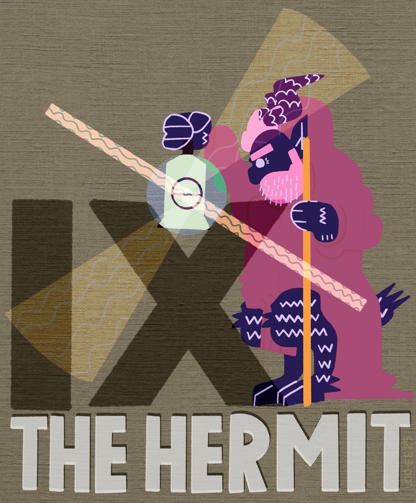 Illustration in pink/fuschia of a satyr holding a lantern. Text around reads Roman numeral 9: the hermit