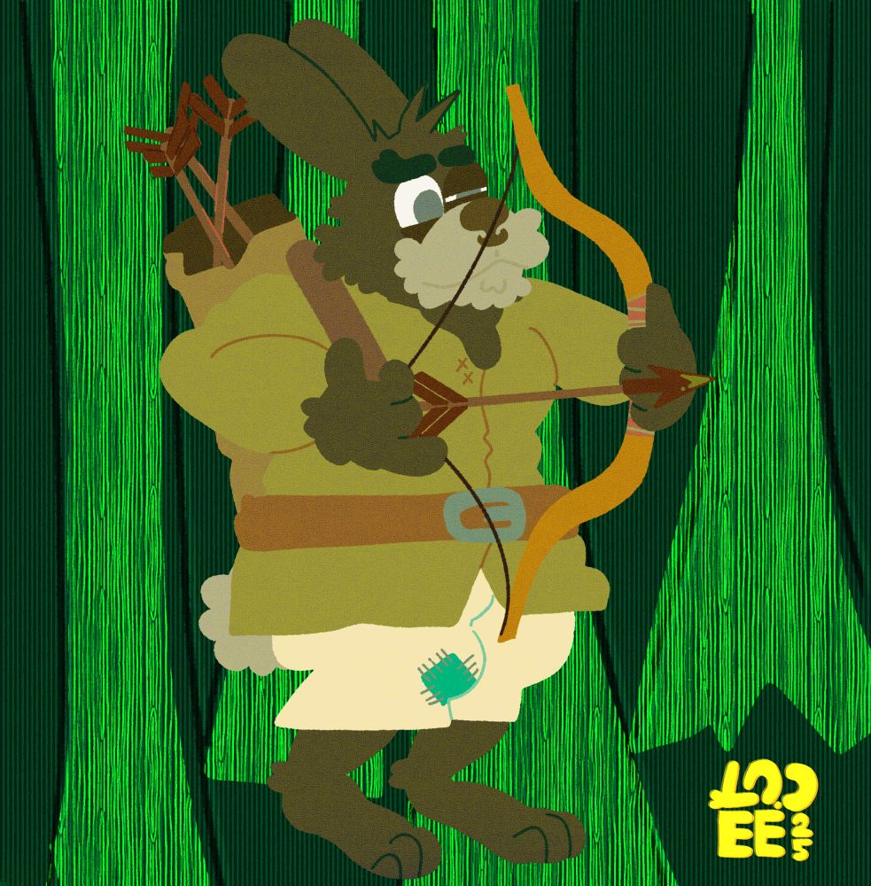 A green toned anthropomorphic rabbit in a forest like abstract background wearing a medieval shroud pulls back a bow and arrow. 