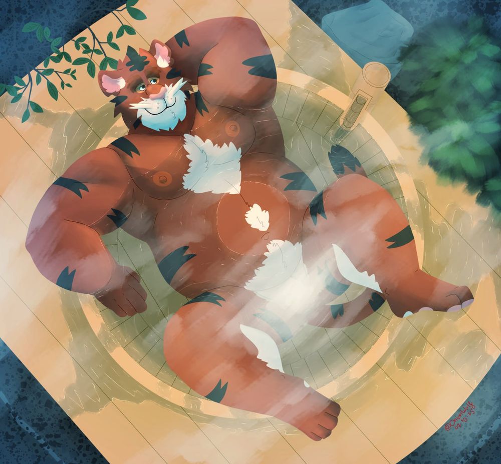 An anthropomorphic tiger (Lughaidh) lounging in a steamy cedar tub, naked. A cloud of steam helpfully gives him some privacy.