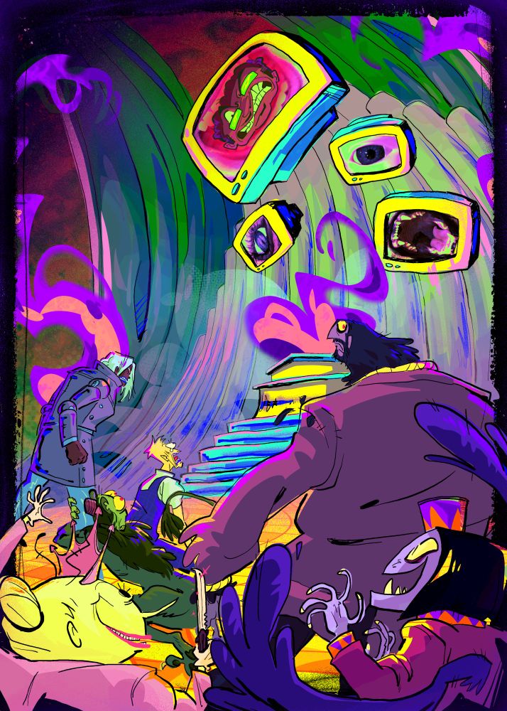 the cast of the Hotel podcast in a vibrant colorful wizard of oz setting. The TinManager, the Lionny Boy, Judy Blashy, the GlindAuditor, The ScarecrOwner, and the Bellhop all cluster at the bottom of the frame beneath the Concierge as the Wizard of Oz on TV screens