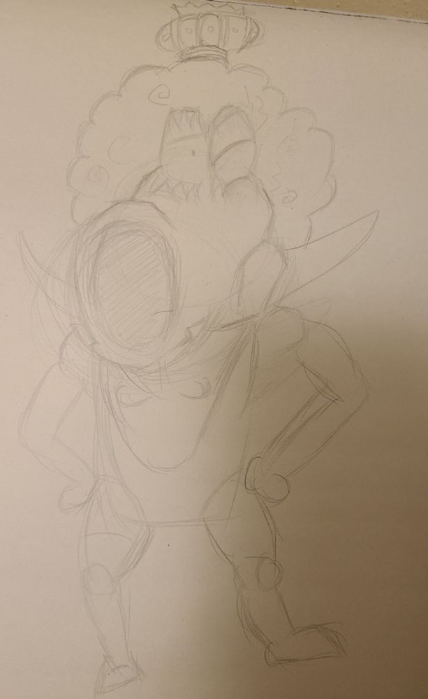 Unfinished sketch combining Birdo from Mario 2 and Emporio Ivankov from One Piece. The connection is in the American manual for Super Mario Bros 2, it states that Birdo is "a man who thinks he's a woman" and "would prefer to be called 'Birdie'", and Ivankov has the Hormone-Hormone Fruit, enabling him/her to change gender on a whim, including him/her self.