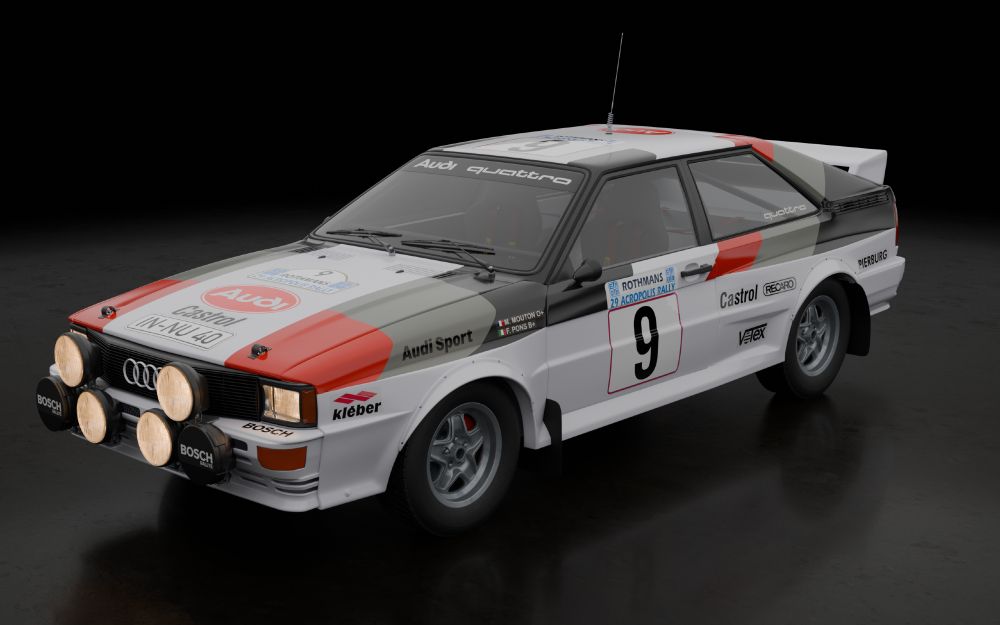 A 3D render of an Audi Quattro covered in Group B Rally decals