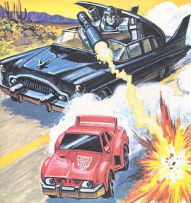 Scene from the best Transformers media property of all time: Megatron, in a car, attempting to blast Cliffjumper, also in car form 