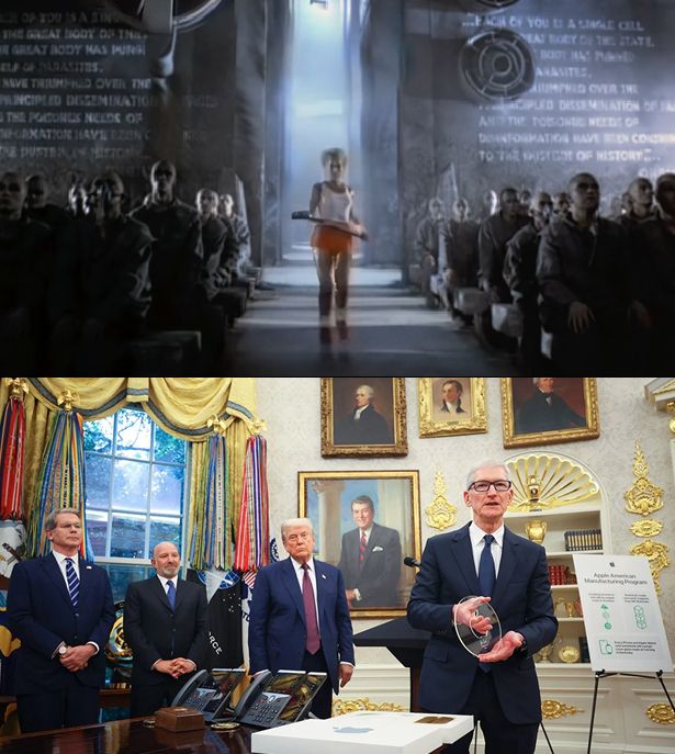 A screen capture from Apple's "1985" Macintosh ad, juxtaposted against a photo Tim Cook giving Donald Trump a golden participation trophy in exchange for tariff exemptions.