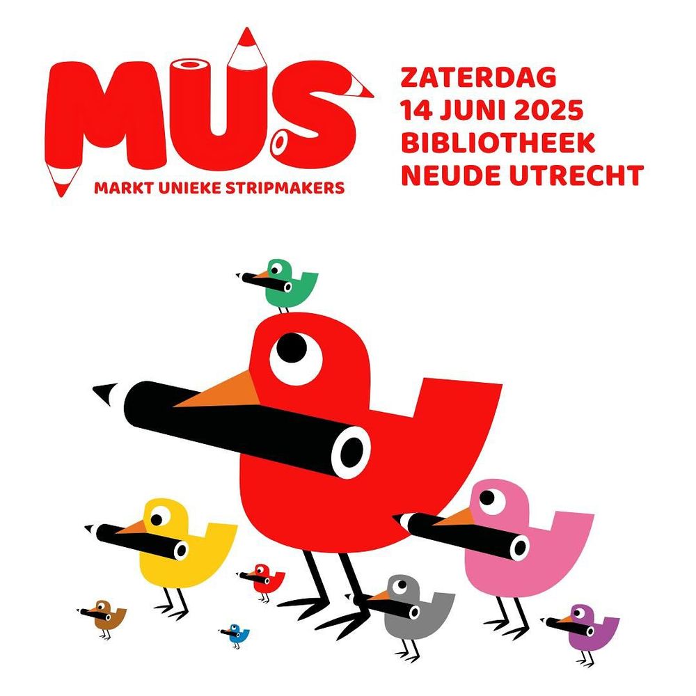 Poster voor MUS markt unieke stripmakers Zaterdag 14 juni 2025 bibliotheek neude utrecht een groep gestileerde mussen met potloden in de snavel