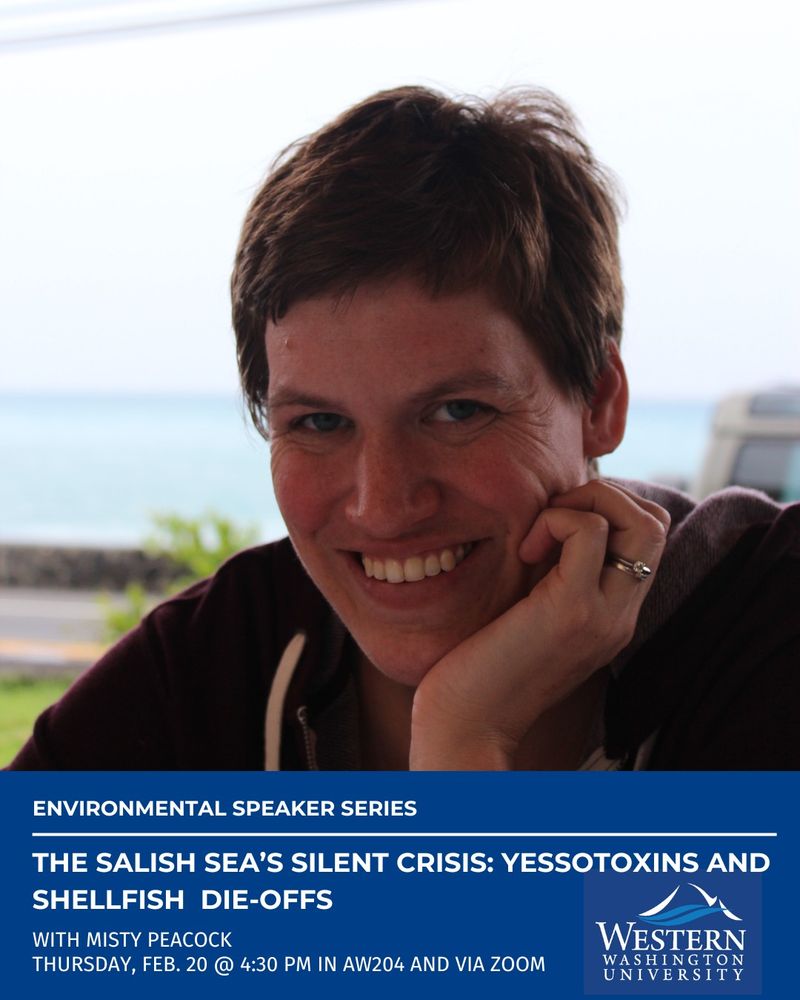 A photo of the speaker Dr. Misty Peacock, the Director of the Salish Sea Research Center at Northwest Indian College. Below in a blue box says "Environmental Speaker Series The Salish Sea’s Silent Crisis: Yessotoxins and Shellfish Die-Offs with Misty Peacock Thursday, February 20 at 4:30 pm in AW204 and via Zoom." In the corner is Western Washington University's logo. 