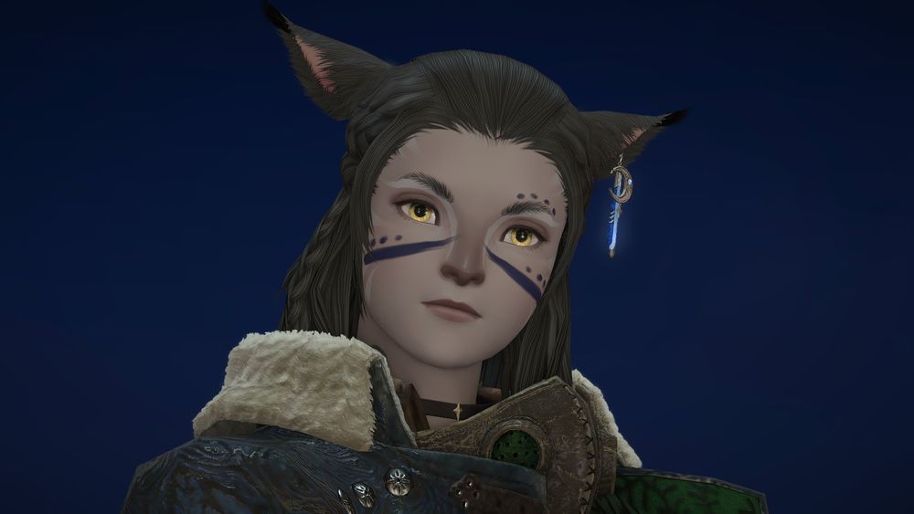 A portrait of a Miqo'te woman. She has white stripes lining her nose, blue facepaint, and matte-texture lips.