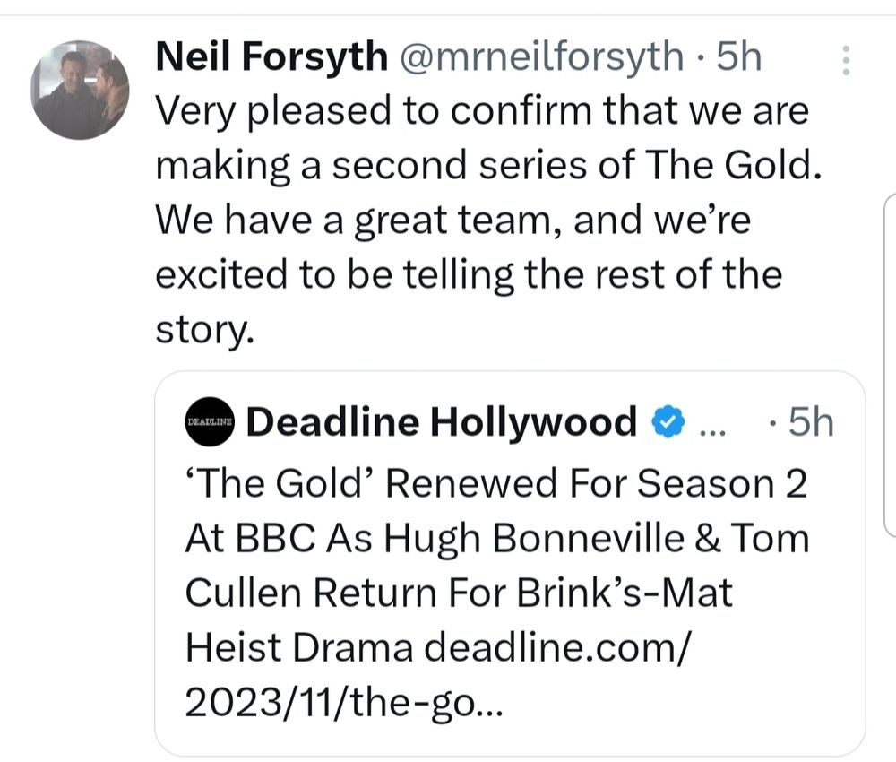 Tweet from Neil Forsyth confirming a second series of The Gold.