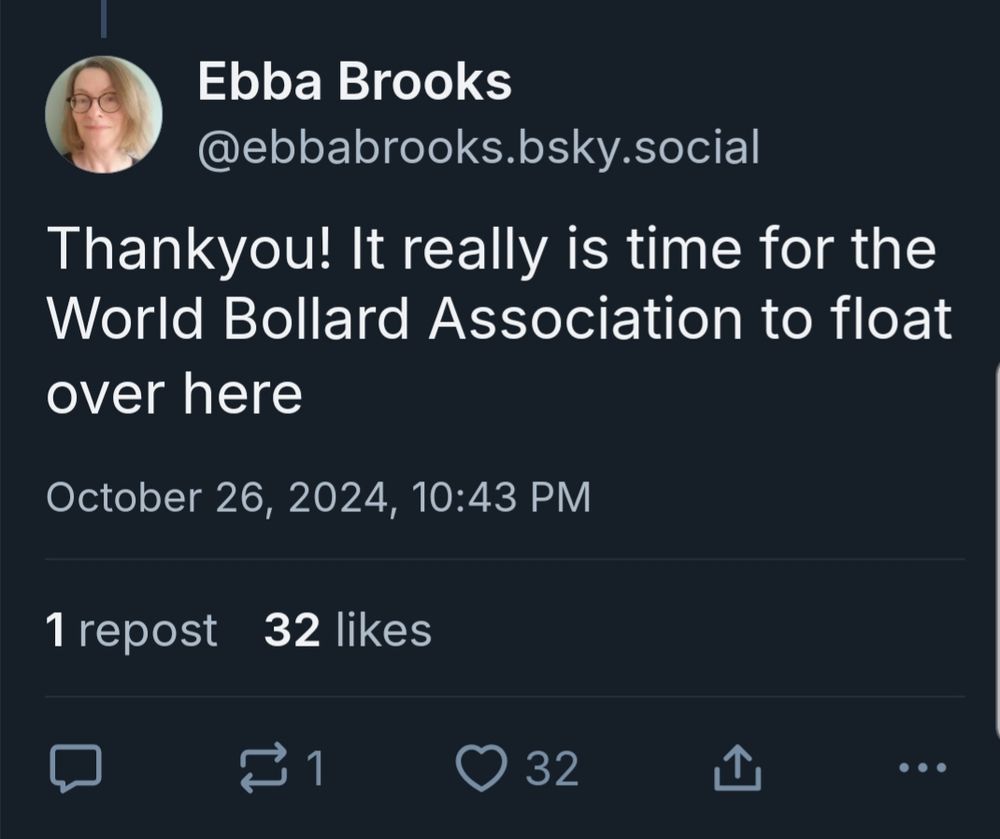 A skeet dated 26 October with 32 likes which says: "it really is time for the World Bollard Association to float over here"