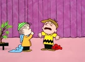 Charlie Brown yelling on stage next to Linus in "A Charlie Brown Christmas"