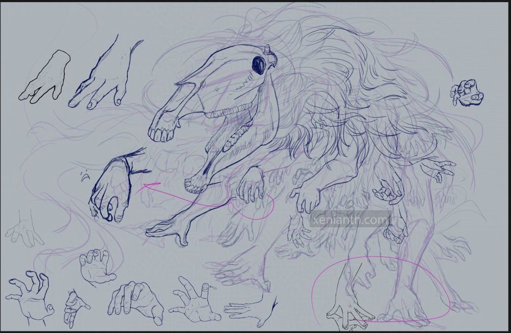 a creature with horse skull for head and body comprised of hair/fur and many many hands