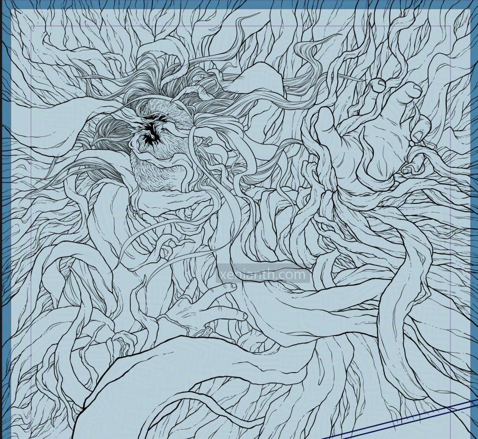 all images are drawings in progress. a figure with masked face is being restrained and pulled down by masses of gnarled roots, some are also burrowing into broken hole in center of mask