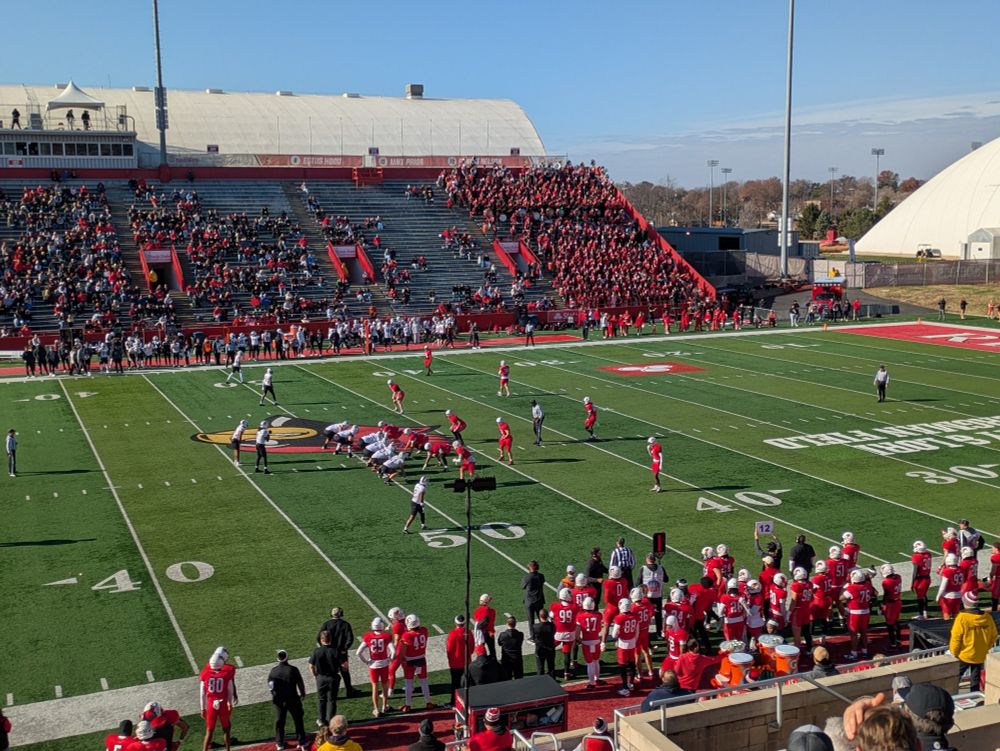 It's Southern Illinois in white vs. Illinois State in red at Hancock Stadium