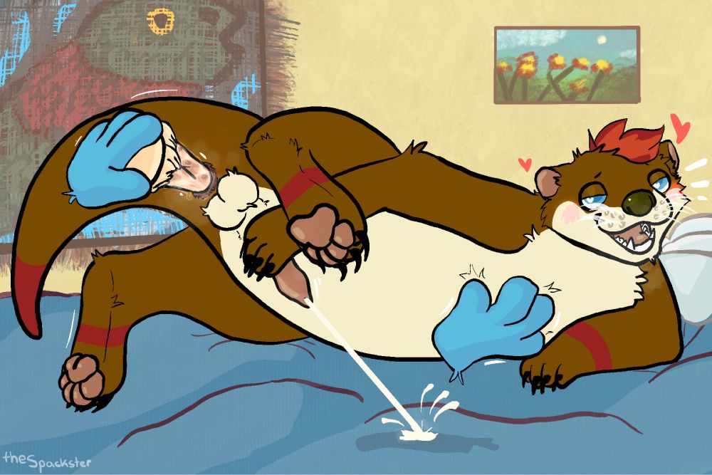 an otter fursona laying on his side while stroking himself with eyes rolled up and blushing on his cheeks. there are two ghost hands, one rubbing his chest, and the other inserting an adult toy into the otter’s rear. he is ejaculating. :3