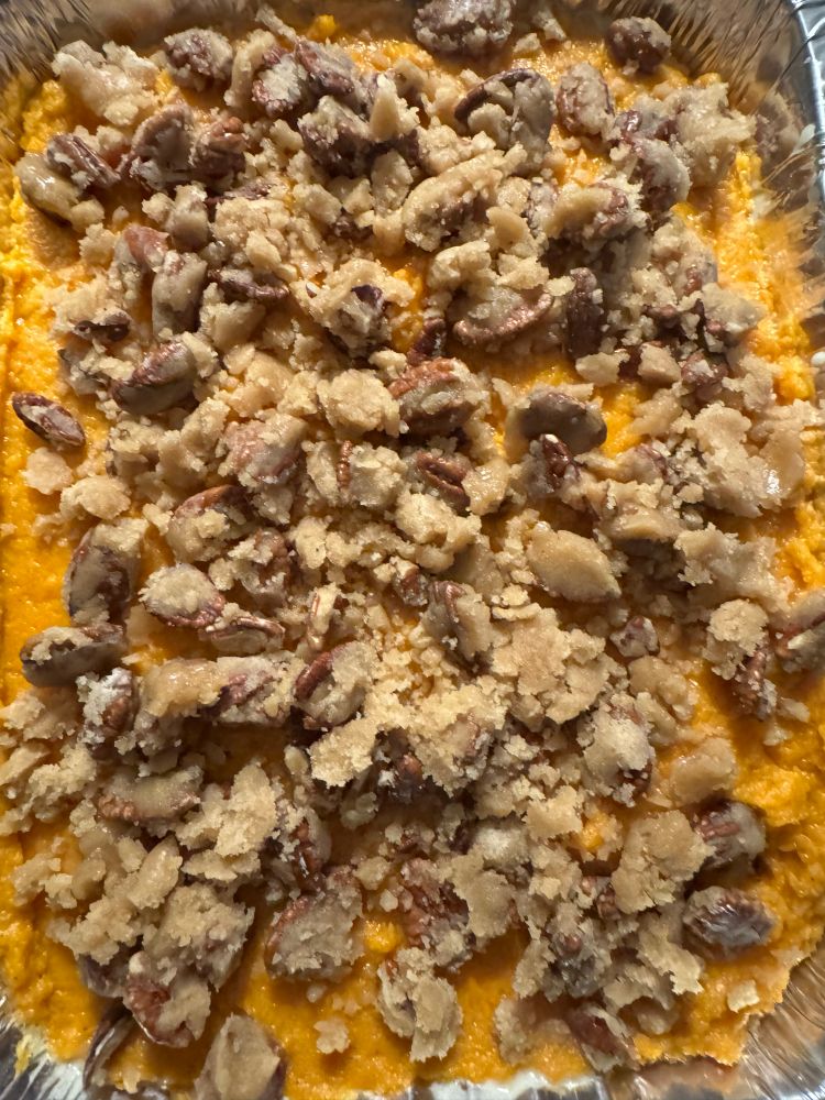 Sweet potato casserole with a brown sugar pecan topping 