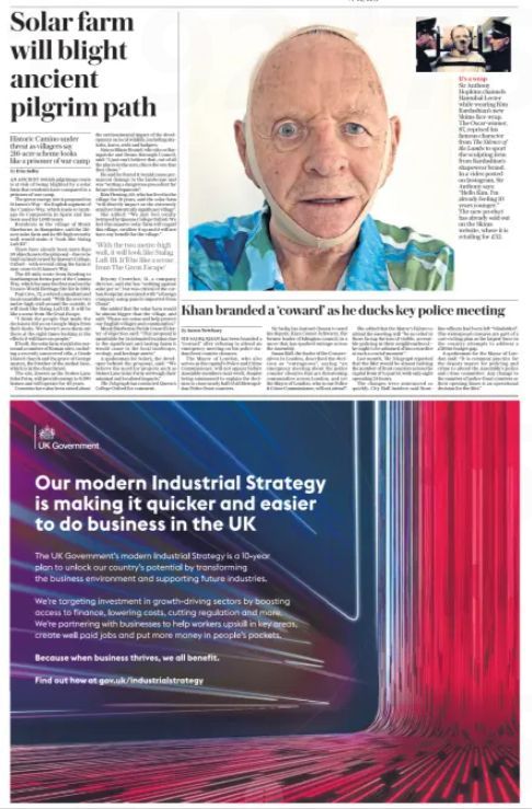 Screenshot of Telegraph page with a headline reading "Solar farm will blight ancient pilgrim path" - above a UK Government advertisement reading "Our modern Industrial Strategy is making it quicker and easier to do business in the UK"