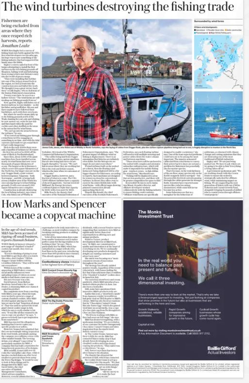 Screenshot of Daily Telegraph page, with a headline reading "The wind turbines destroying the fishing trade". Below the article is an advertisement for Baillie Gifford's "Monks Investment Trust" 