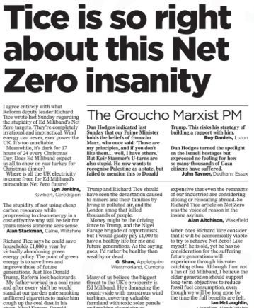 Mail on Sunday letters page headline: "Tice is so right about this Net Zero insanity"