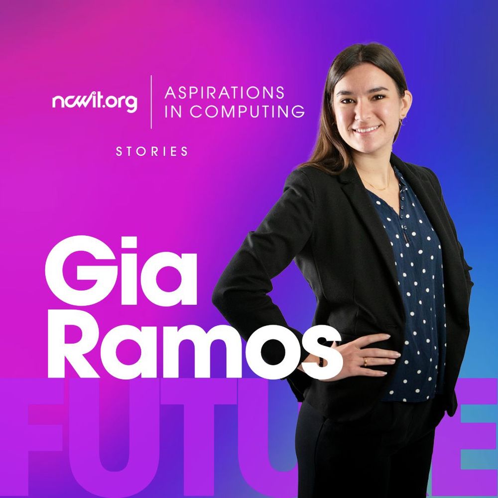 A design promoting AiC Stories ambassador Gia Ramos, includes a photo of Gia smiling at the camera in front of a Puerto Rican flag stylized with a purple gradient