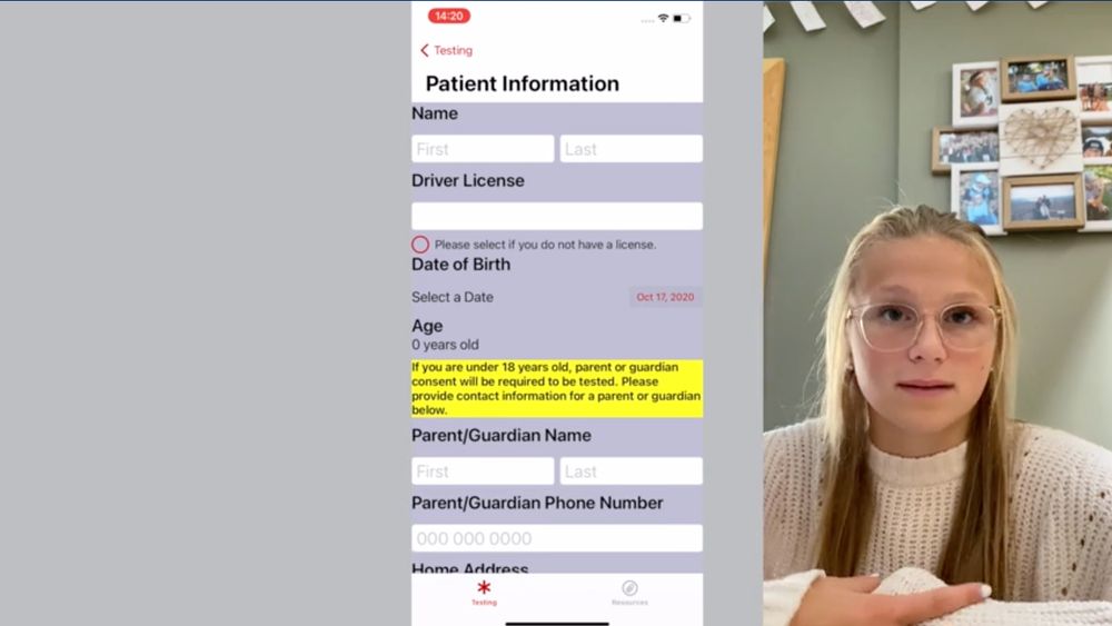 Split image of Kaylie (R), in a white sweater and clear sunglasses, presenting her app online (L) from an independent study course with her programming teacher Mr. Fogarty