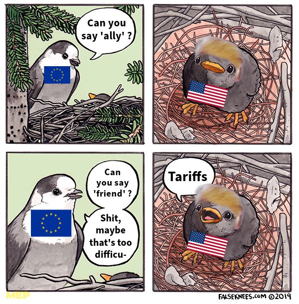 The image depicts a bird’s nest. The adult bird represents the EU, while the baby bird is Donald Trump. The adult bird says: “Can you say ally?”… “Can you say friend?”… “Shit, maybe that’s too difficu…”

Suddenly, the baby bird blurts out: “Tariffs!”