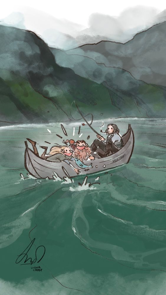 A drawing of aragorn legolas and gimli fishing in a lake. Aragorn has caught a fish and legolas and gimli are screaming at it excitedly because it almost falls back into the water 