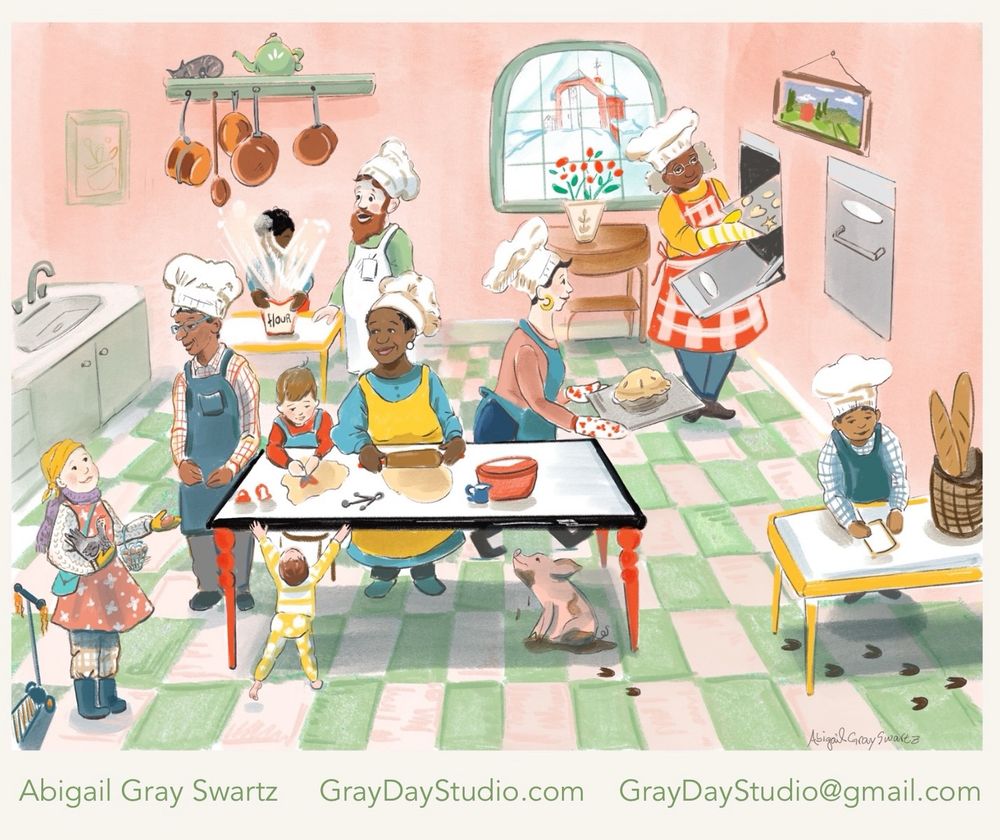 An illustrated scene of a community kitchen during the holiday season. The walls are pink, with green and white checked floors. A group is making cookies at the first table- two adults, one child. A toddler is trying to reach up while a pig sits under the table waiting for scraps. Busy bakers are at the ovens in the background while some write lists and others oversee a mishap with the flour. Art by Abigail Gray Swartz 