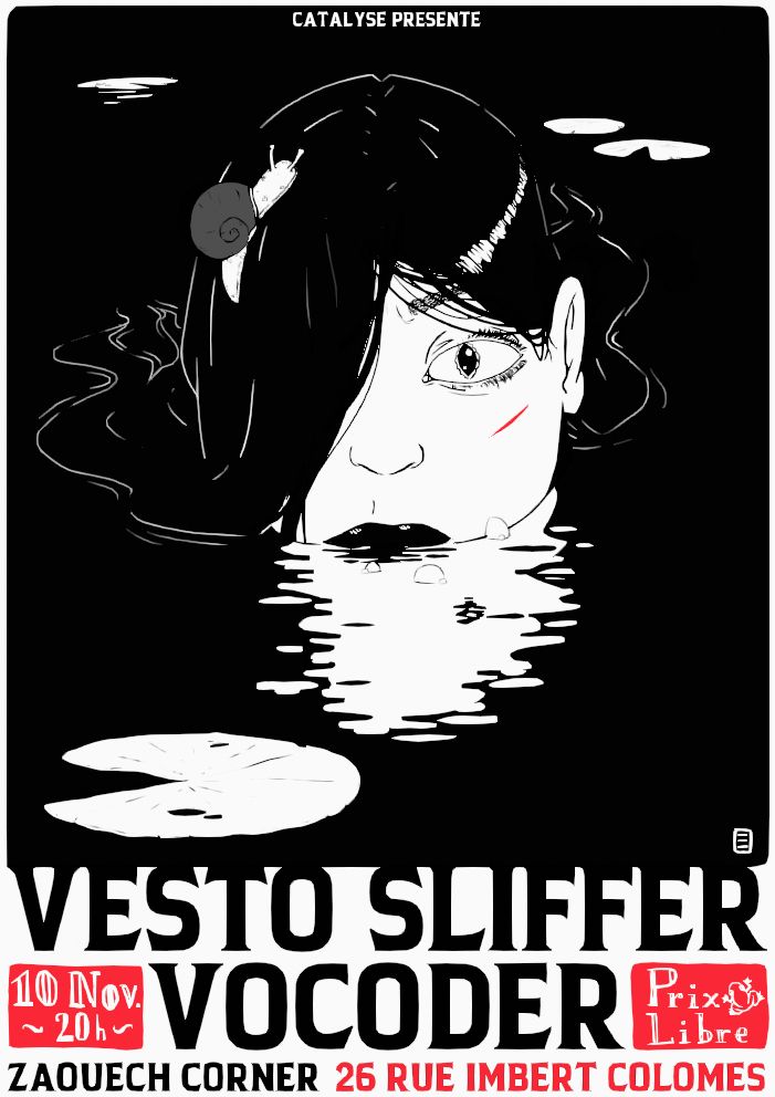 A black & white image of a frog woman emerging form a pond.
A snail sits on her head.