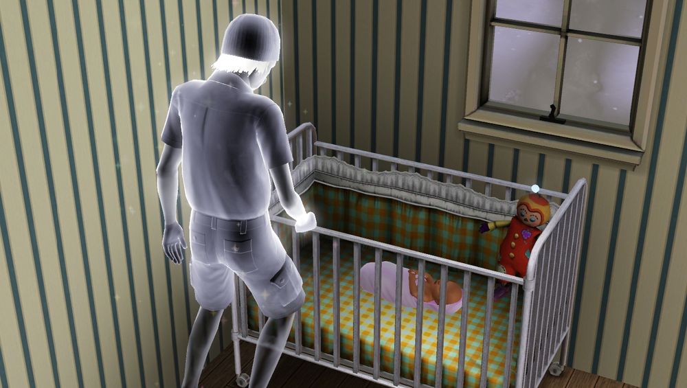 A Sims 3 screenshot: a grey ghost wearing cargo shorts and a beanie is hovering in front of a crib. The crib contains a baby swaddled in pink, and a red and yellow doll with a round light above its head.