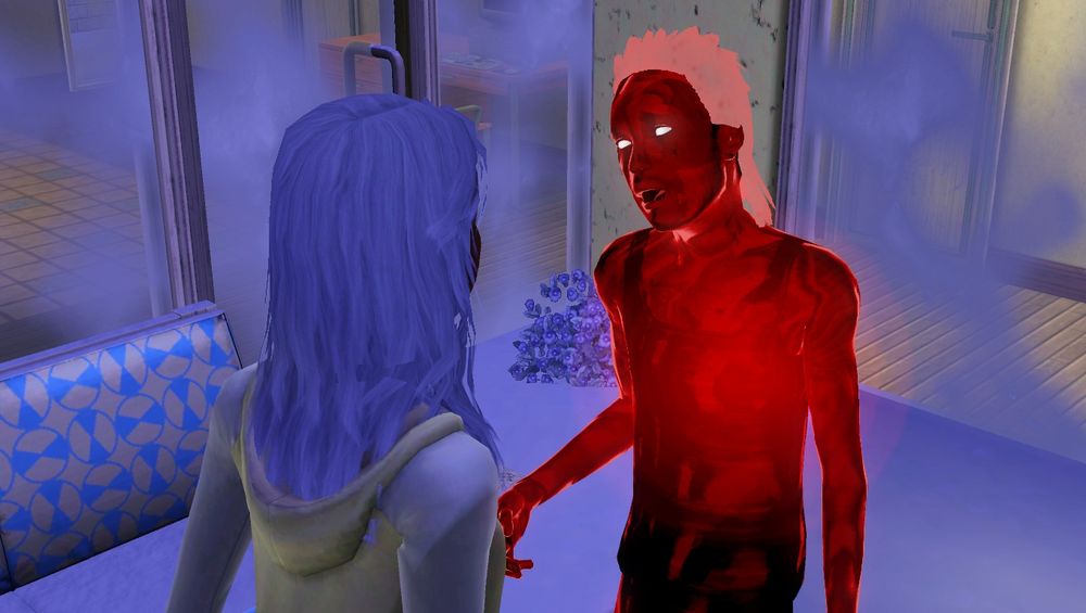 A Sims 3 screenshot. A woman with grey hair wearing a lemon yellow hoodie is talking to a translucent red ghost with a pale orange mullet and glowing eyes.