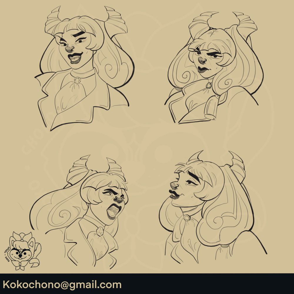 Character concept art of a bull girls expressions. Pleased, Pout, Yelling, Smug.
