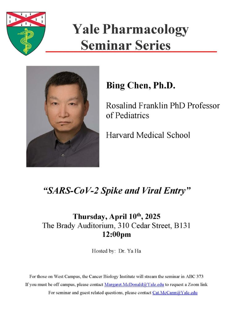 Flyer for the Yale Pharmacology Seminar Series. This flyer indicates that Bing Chen, Ph.D. will be presenting his work at 12 pm on Thursday, April 10, 2025 in the Brady Auditorium. Dr. Chen is the Rosalind Franklin, Ph.D. Professor of Pediatrics at Harvard Medical School. The title of his talk is "SARS-CoV-2 Spike and Viral Entry."