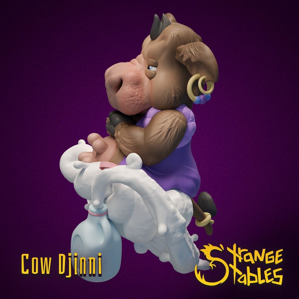 A 3D render of a miniature meant for gaming - it is a cow floating on a cloud of milk that spills from a milk jug. The cow is dressed in a vest and has jewelry reminiscent of a Genie. Its name is Cow Djinni and it is from Strange Stables.