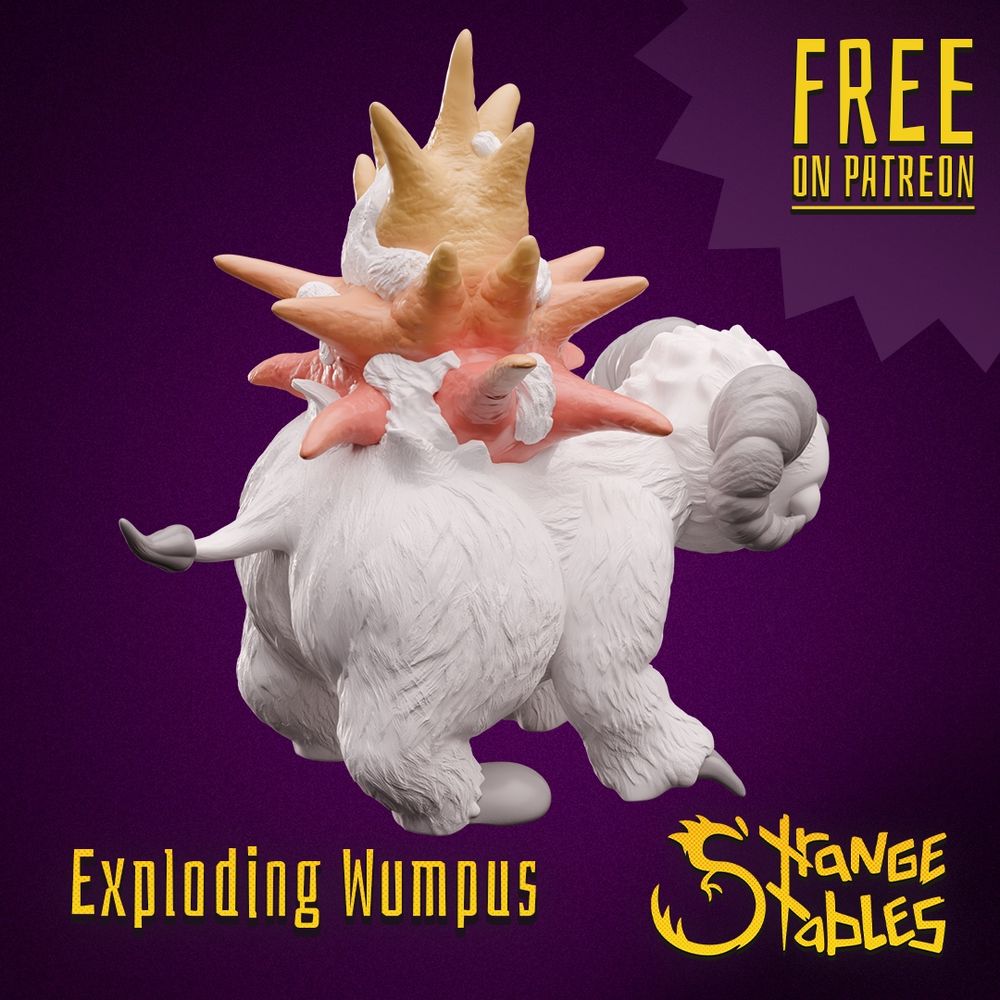 A 3D render of a white, furry creature with ram-like horns and a spiky, coral-colored explosion on its back, labeled 'Exploding Wumpus' from 'Strange Stables', with a 'FREE ON PATREON' banner.