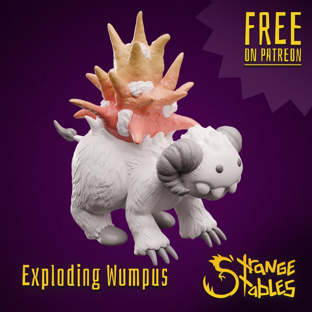 A 3D render of a white, furry creature with ram-like horns and a spiky, coral-colored explosion on its back, labeled 'Exploding Wumpus' from 'Strange Stables', with a 'FREE ON PATREON' banner.