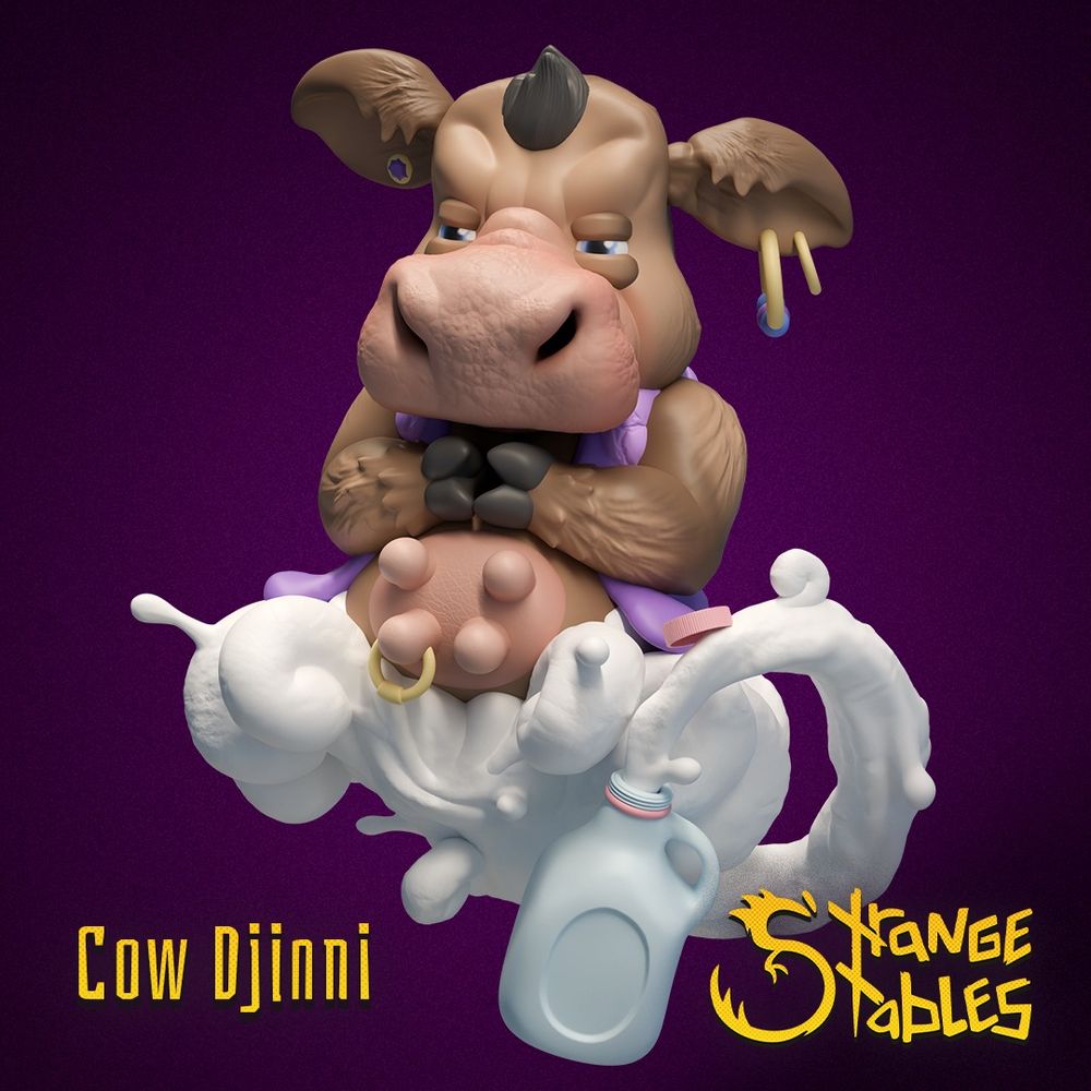 A 3D render of a miniature meant for gaming - it is a cow floating on a cloud of milk that spills from a milk jug. The cow is dressed in a vest and has jewelry reminiscent of a Genie. Its name is Cow Djinni and it is from Strange Stables.