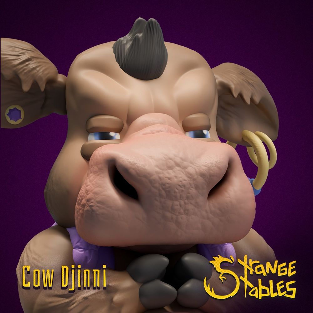 A 3D render of a miniature meant for gaming - it is a cow floating on a cloud of milk that spills from a milk jug. The cow is dressed in a vest and has jewelry reminiscent of a Genie. Its name is Cow Djinni and it is from Strange Stables.