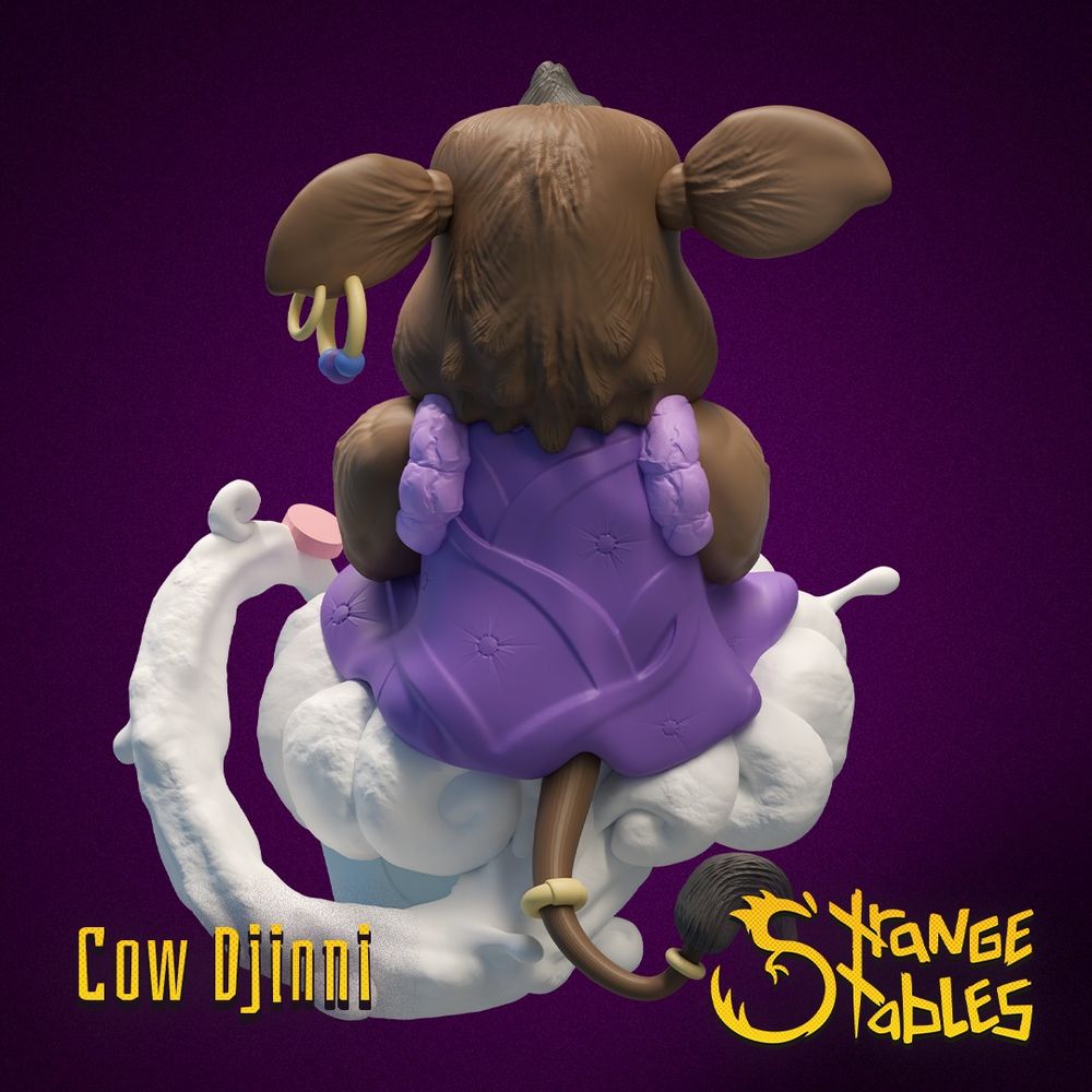 A 3D render of a miniature meant for gaming - it is a cow floating on a cloud of milk that spills from a milk jug. The cow is dressed in a vest and has jewelry reminiscent of a Genie. Its name is Cow Djinni and it is from Strange Stables.