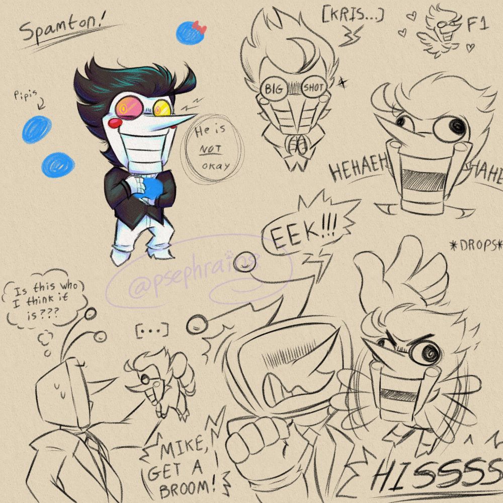 My attempted doodles of Spamton from Deltarune! The main colored sketch is in the top left, labeled “Spamton”. He’s holding a pupils and looking off to the side, suspiciously.
In the top right are doodles of the f1 angel Spamton, laughing Spamton, and an angled top-down perspective of Spamton trying to look intimidating, saying “[KRIS…]” with “BIG SHOT” written in his glasses.
At the bottom from left to right is a short sketch comic of Tenna holding up Spamton by the back of his jacket, thinking “Is this who I think it is???” While studying him closely. Then Tenna drops him because he hisses and flails like an angry rat. Tenna goes “EEK!!! MIKE, GET A BROOM!”