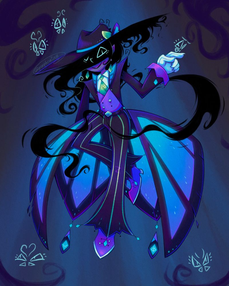 My illustrated character design, dubbed “The Dancing Dark”. A humanoid being with a “face” and “hair” made of shadows leaking out from their big hat and parts of their snazzy suit. Instead of a tailcoat they have 4 floating panels attached to their waist that resemble butterfly wings. Besides the wide brim hat and suit top, they also have on vertically striped pants, pointy dress shoes, and white gloves (that also show they may have claws as well). Their tie and earrings are designed to look like the chrysalis of a butterfly.
They are surrounded by butterfly-like entities that use their wings and antennae to emote like sets of eyes (should I call them Butterfl-eyes?)