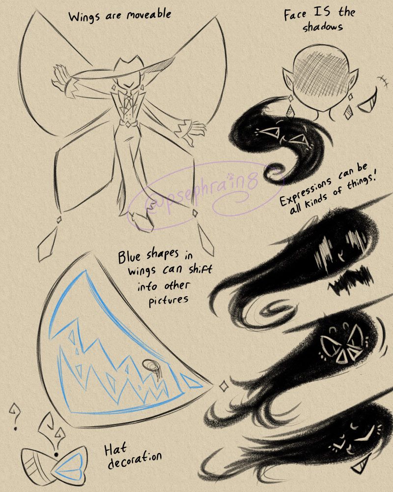 Some sketch notes for my character design, “The Dancing Dark”. Shows that they can move/manipulate the “wings” attached to their suit, and also make the blue shapes inside of them into any image they want. Also shows that their face IS the shadows that flow down from their hat,  creating a place for their eyes and nose to lie, and also creating their smile.
There are also examples of how much they can manipulate their face to express stuff, changing from a spooky streaky face, to a butterfly, to a sort of cocky grin