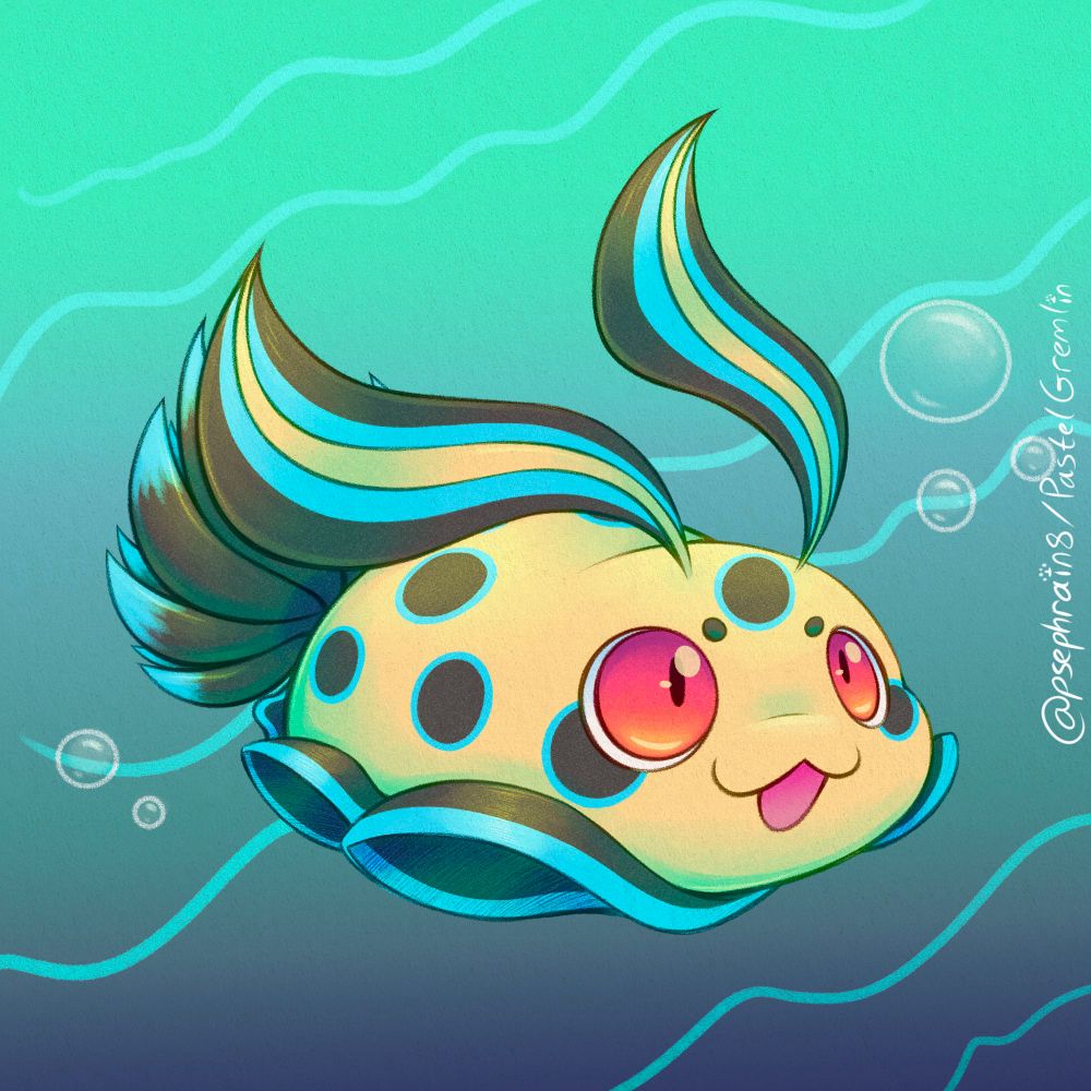 My drawing of duskvortex’s Cinnabun monster design for Art Fight! A cute little yellow, black and blue sea slug inspired creature with bright red eyes