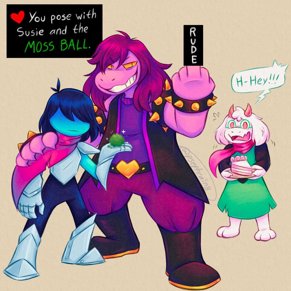 My drawing of Kris, Susie, and Ralsei from Deltarune! Susie and Kris are in their dark world outfits (since they’re with Ralsei)
Kris and Susie and posing together, leaning into each other slightly, with Susie’s hand on Kris’s shoulder and her other one making a rude gesture.
Kris holds up a magical sparkling ball of moss in between them.
Ralsei is behind them holding a plate of cake, watching the whole things and protesting, “H-Hey!!!”, shocked that his friends would be so unruly.
There’s a dialogue box in the top left with the SOUL next to the words “You pose with Susie and the MOSS BALL.”