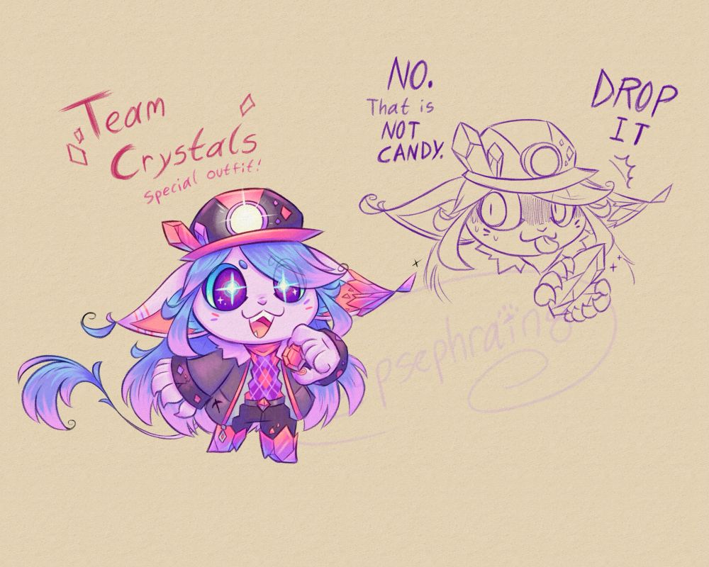 A doodle of my art sona, the Pastel Gremlin, in a special outfit themed after Team Crystals for Art Fight this year! She’s in a little miner’s outfit, with a fancy jacket, crystal boots, and a miner’s hat with a light at the front and crystals growing out of if!

There is also a sketch on the right of her trying to eat a crystal, thinking it’s candy, and being told “NO, that is NOT CANDY. DROP IT.”
